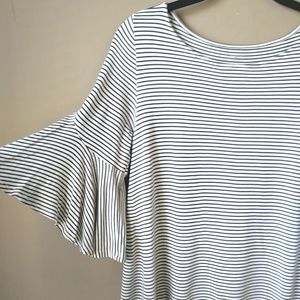 Black + White Striped Short Bell Sleeve Top SZ MED